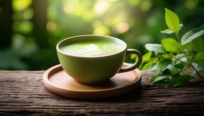 enjoying a cup of fresh foamy matcha tea on a wooden saucer amidst natural greenery