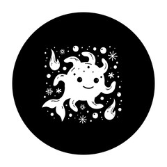 Whimsical celestial creature surrounded by stars and flames in a captivating monochrome illustration, a magical scene