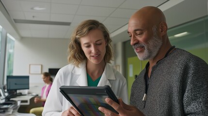Healthcare professional uses tablet showing patient information data. AI generated