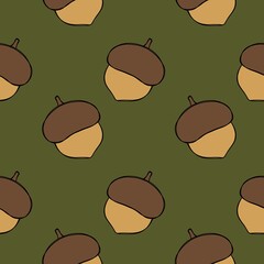 Hand drawn acorn nut repeating raster pattern on green background