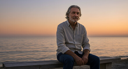 Serene senior man contemplating the horizon at tranquil ocean sunset in peaceful solitude and calm