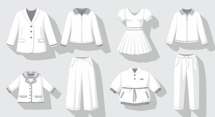 Stylized White Apparel Collection: Illustration of Diverse Clothing Pieces in Vector Format for Fashion Design