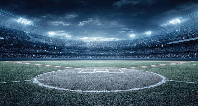 Night baseball game at a stadium.  Full view of a packed stadium under dramatic lighting - Powered by Adobe