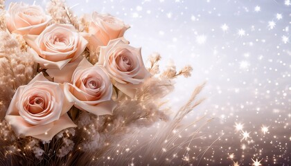 a soft bouquet of roses in the middle of a star filled meadow with a white background accentuating the scene