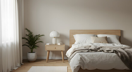 Elegant bedroom interior with minimalist decor and soft neutral color palette creating a serene