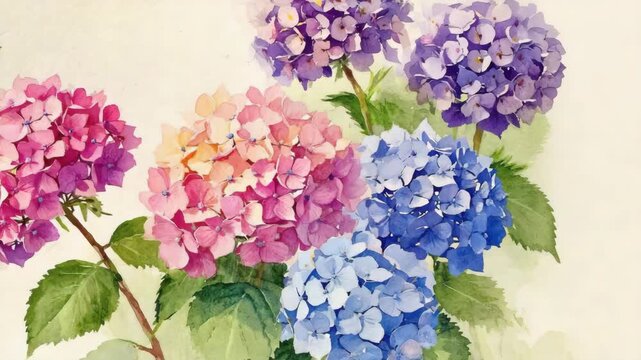 Vibrant watercolor animation of multicolored hydrangea bouquet with green leaves on white background