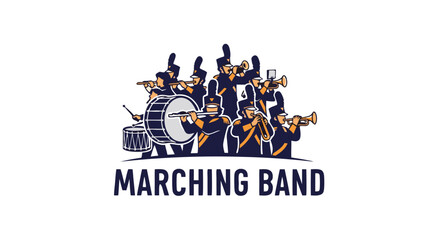 Musical procession illustration: A vibrant ensemble of uniformed musicians harmonizing with drums trumpets and flutes creating a dynamic visual