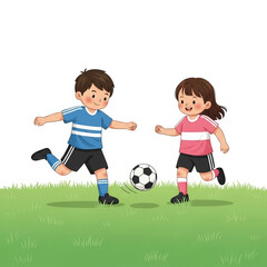 Kids playing soccer in the park, cartoon illustration of children and football