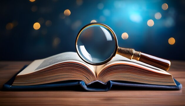 closeup magnifying glass on the opened book on the desk copy space image place for adding text