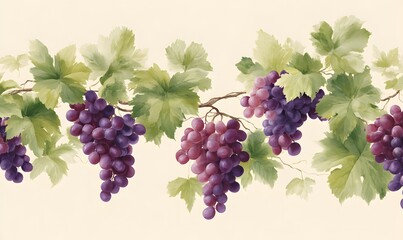 This beautifully illustrated illustration depicts grapes growing on vines against an elegant cream background