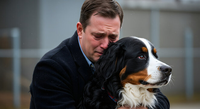 Heartfelt solace: A man embraces his loyal Bernese Mountain Dog with profound affection and