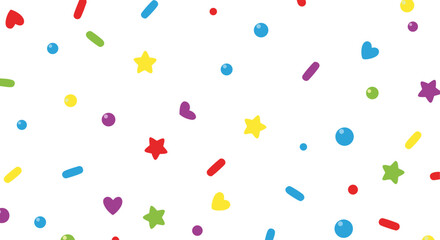 A playful scattering of vibrant confetti shapes on a clean white background provides a festive and joyful ambiance