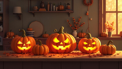 Obraz premium Halloween pumpkins glowing on wooden table 
