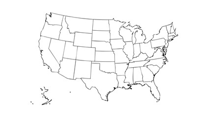 Detailed linear illustration representing the United States of America with distinct state borders shown for data analysis purposes