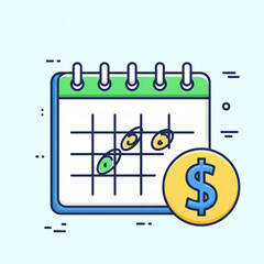 Financial Schedule and Calendar Illustration. Calendar with Checkmarks and Dollar Sign. Financial Planning, Payment Schedule, Budgeting, Goal Achievement, Accounting, Deadline.
