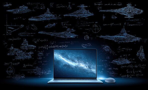 Laptop with space ships & formulas