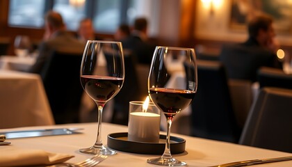  An elegantly set table for two at a fine dining restaurant, with two glasses of red wine and a lit candle creating a warm glow.