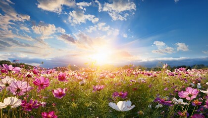 Fototapeta premium sunlit blooms under clear sky with colorful cosmos flowers against the bright sunlight and gentle clouds above
