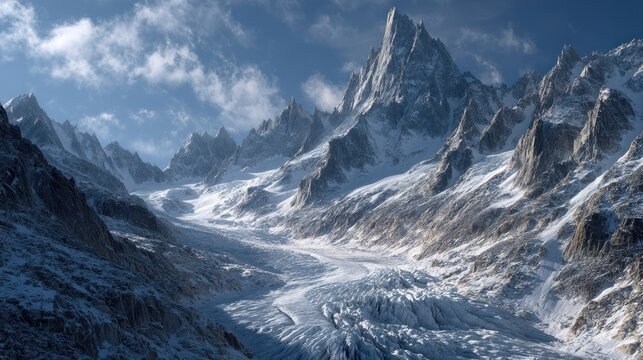 Stunning scenic view of a snow-covered mountain range under a bright blue sky - Powered by Adobe