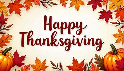 Happy Thanksgiving greeting with autumn leaves and pumpkins
