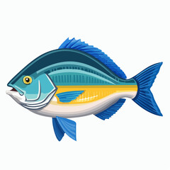 Illustration of a colorful tropical fish with blue and yellow stripes on white background