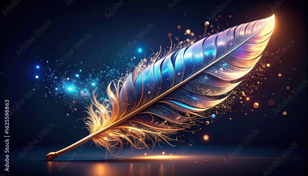 Poster glowing feather with sparkles in dark background
