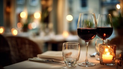 Obraz premium An elegantly set table for two at a fine dining restaurant, with two glasses of red wine and a lit candle creating a warm glow.