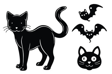 Obraz premium Black cat and bats vector bundle with glowing eyes and white outlines feline animal