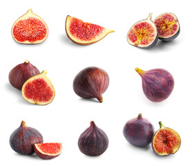 Set of fresh figs on white background