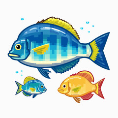 Vibrant aquatic trio: Cartoon fish family swimming together in harmony underwater scene