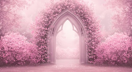 Enchanted Archway: Pink Blossoms on Gothic Portal