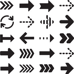 Collection of black arrow symbols and directional signs for design and navigation purposes featuring various styles and orientations