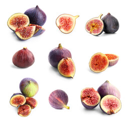 Set of fresh figs on white background