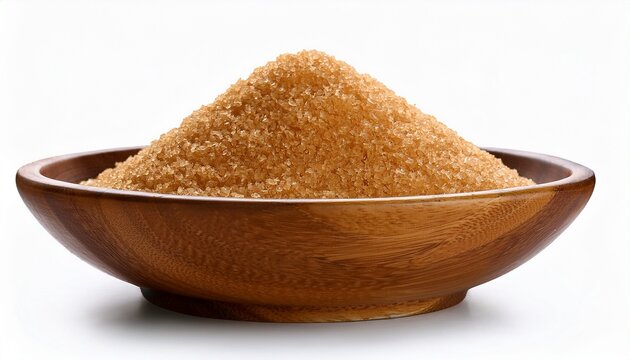 bowl of granulated brown sugar on white background