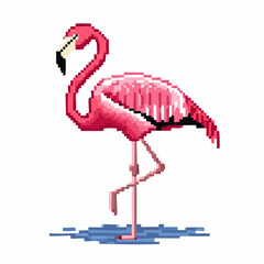 Vibrant pixel art flamingo standing gracefully in water, exuding retro charm and style