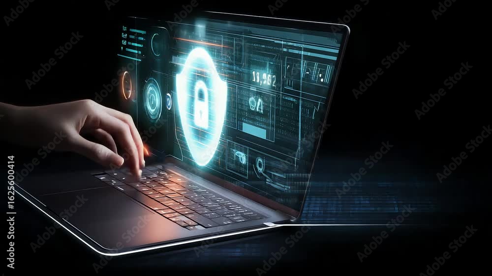 Poster person using laptop with cybersecurity interface and data protection shield
