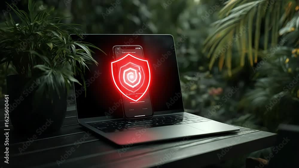 Poster laptop and smartphone display a secure shield icon for data protection
