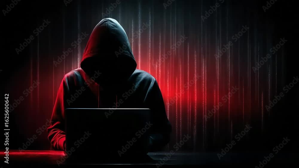 Poster anonymous hacker in hoodie working on a laptop in a dark room setup