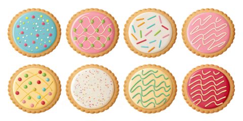 Sweet Treats: An assortment of vibrantly decorated sugar cookies, showcasing an array of colorful icing designs and playful toppings, creating a visual feast for those with a sweet tooth.