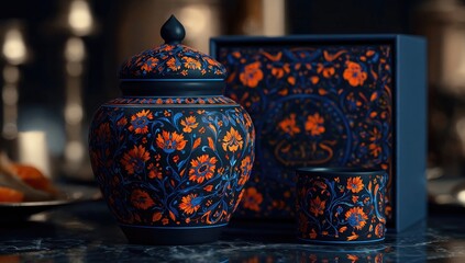 Dark, ornate ceramic jar & box, decorative motifs
