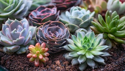 detailed close up view of a variety of succulents in a garden bed atop a dark earthy substrate various succulent plants with light and dark green gray and pinkish purple hues fill the frame
