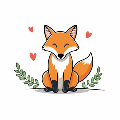 Cute fox illustration with hearts and greenery, adorable animal cartoon character image