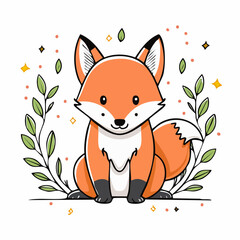Adorable cartoon fox illustration surrounded by leaves and sparkling stars creating a cheerful and whimsical scene
