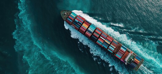 High-angle view of a cargo ship navigating a teal-colored ocean