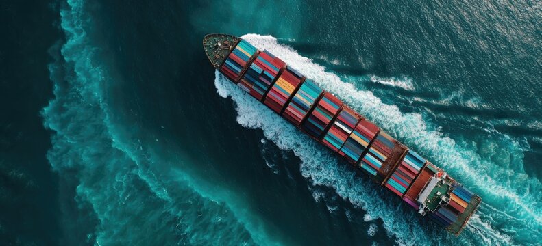 High-angle view of a cargo ship navigating a teal-colored ocean