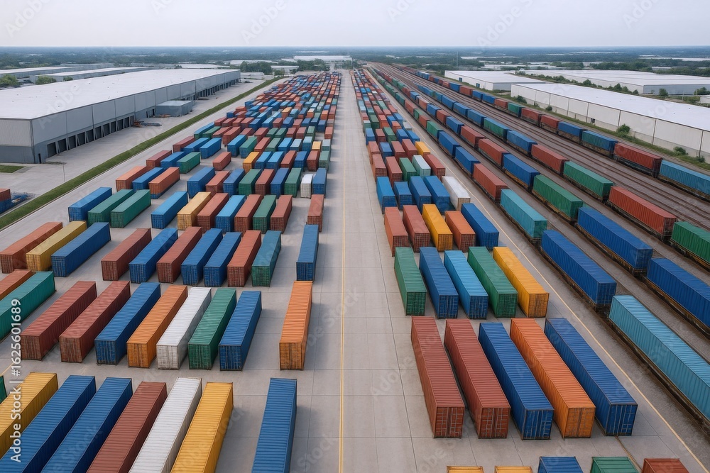 Poster aerial view of a large container terminal with trains and warehouses on a cloudy day