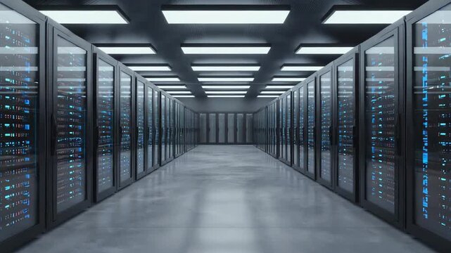 Futuristic server room with blinking LED lights and high-performance racks