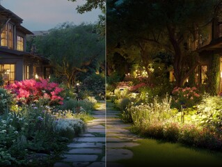 Fototapeta premium Beautifully Illuminated Garden at Dusk and Night Featuring Flagstone Path, Lush Landscaping and a Cozy Home
