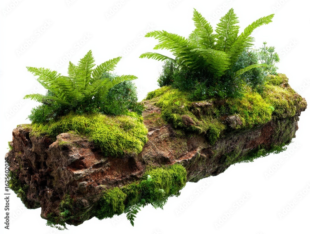 Poster mossy log with ferns and greenery isolated on white background - forest floor element
