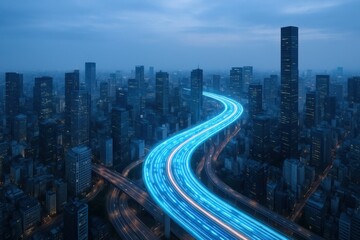 Cityscape Aerial View with Flowing Light Trails Showcasing Urban Connectivity and Modern Transportation Infrastructure